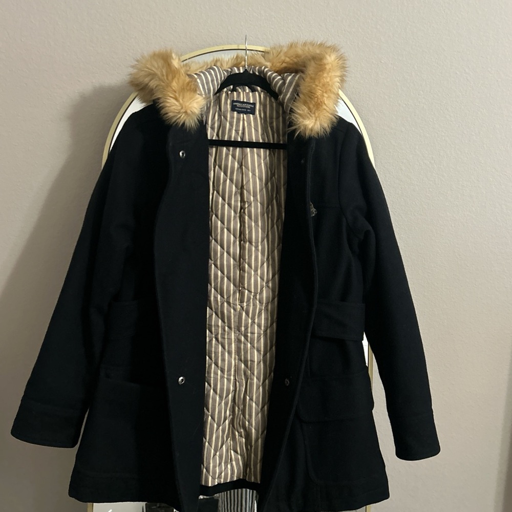 Black Duffel Coat with Faux Fur Hood